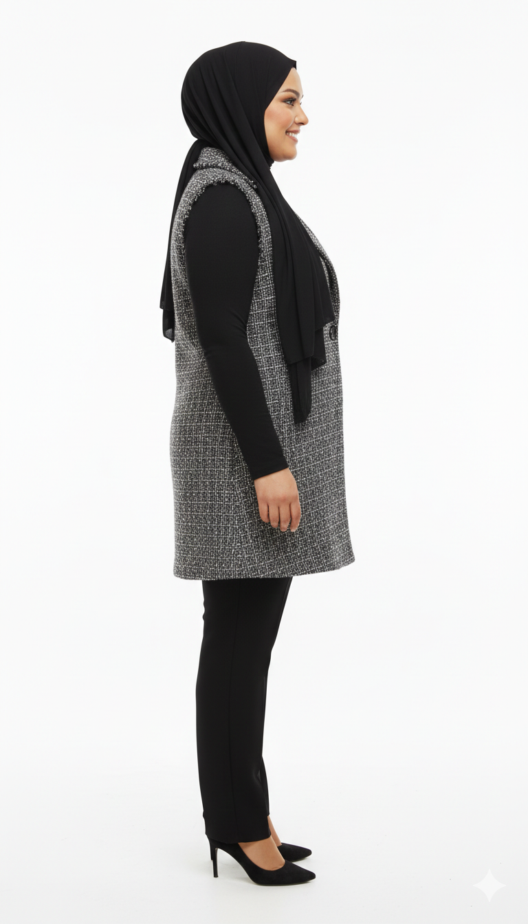 Tailored Tweed Longline Waistcoat with Frayed Edge