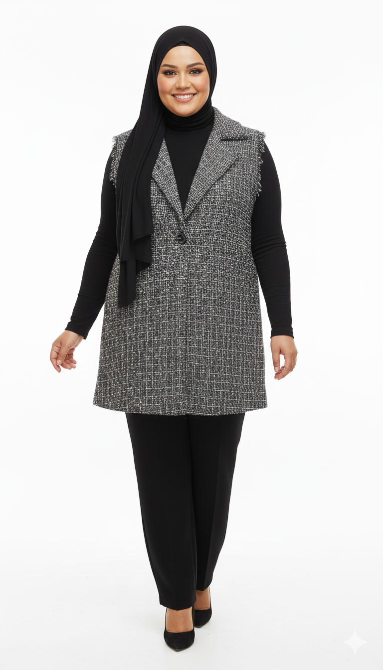 Tailored Tweed Longline Waistcoat with Frayed Edge