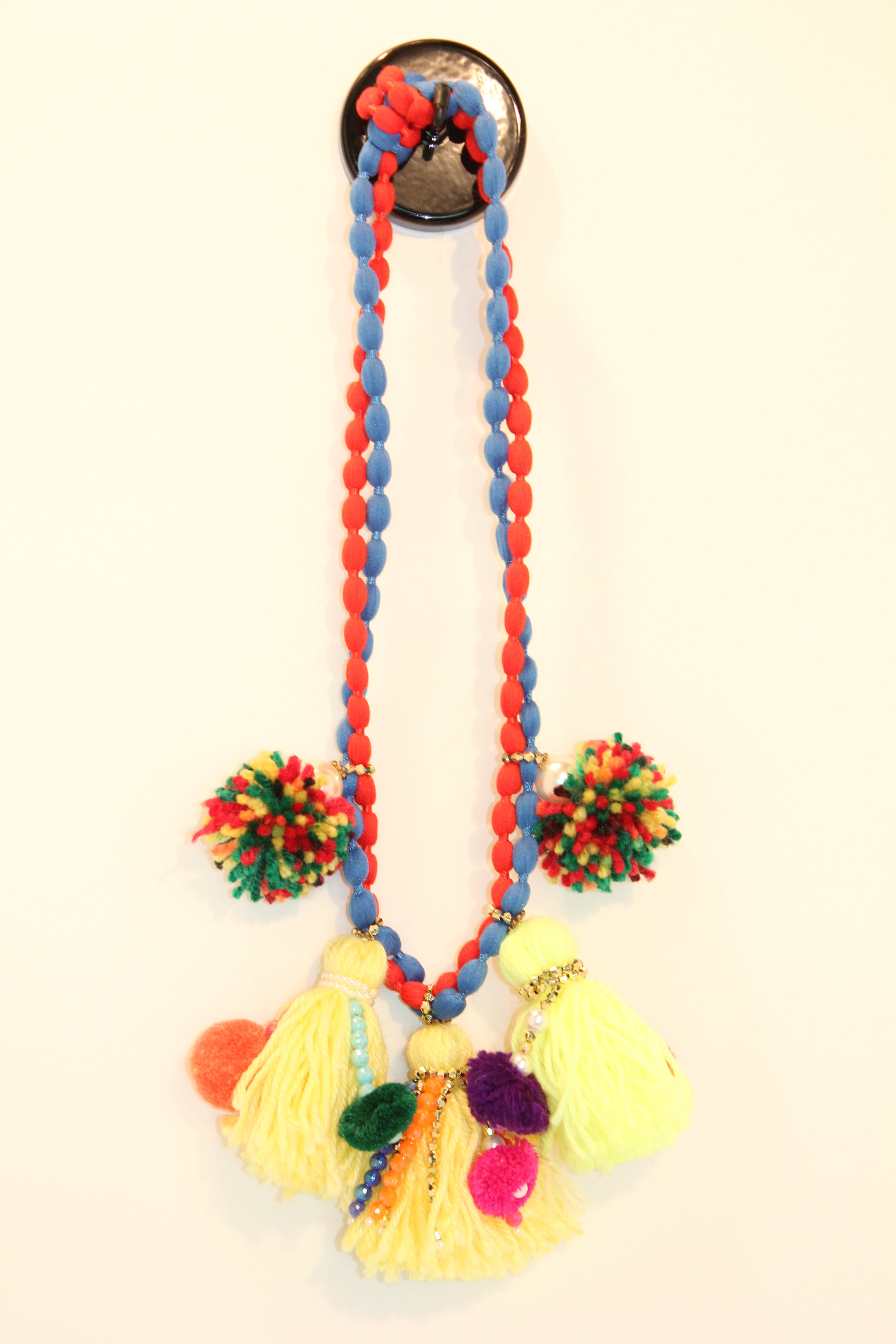 Boho Beaded Necklace with Tassels and Pom-Poms - Colorful