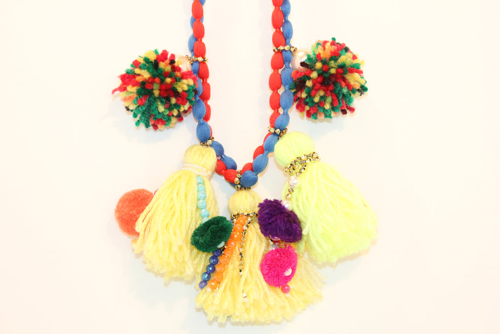 Handmade Boho Tassel Statement Necklace | Vibrant Pom-Pom & Textile Jewelry | Colorful Festival Wear