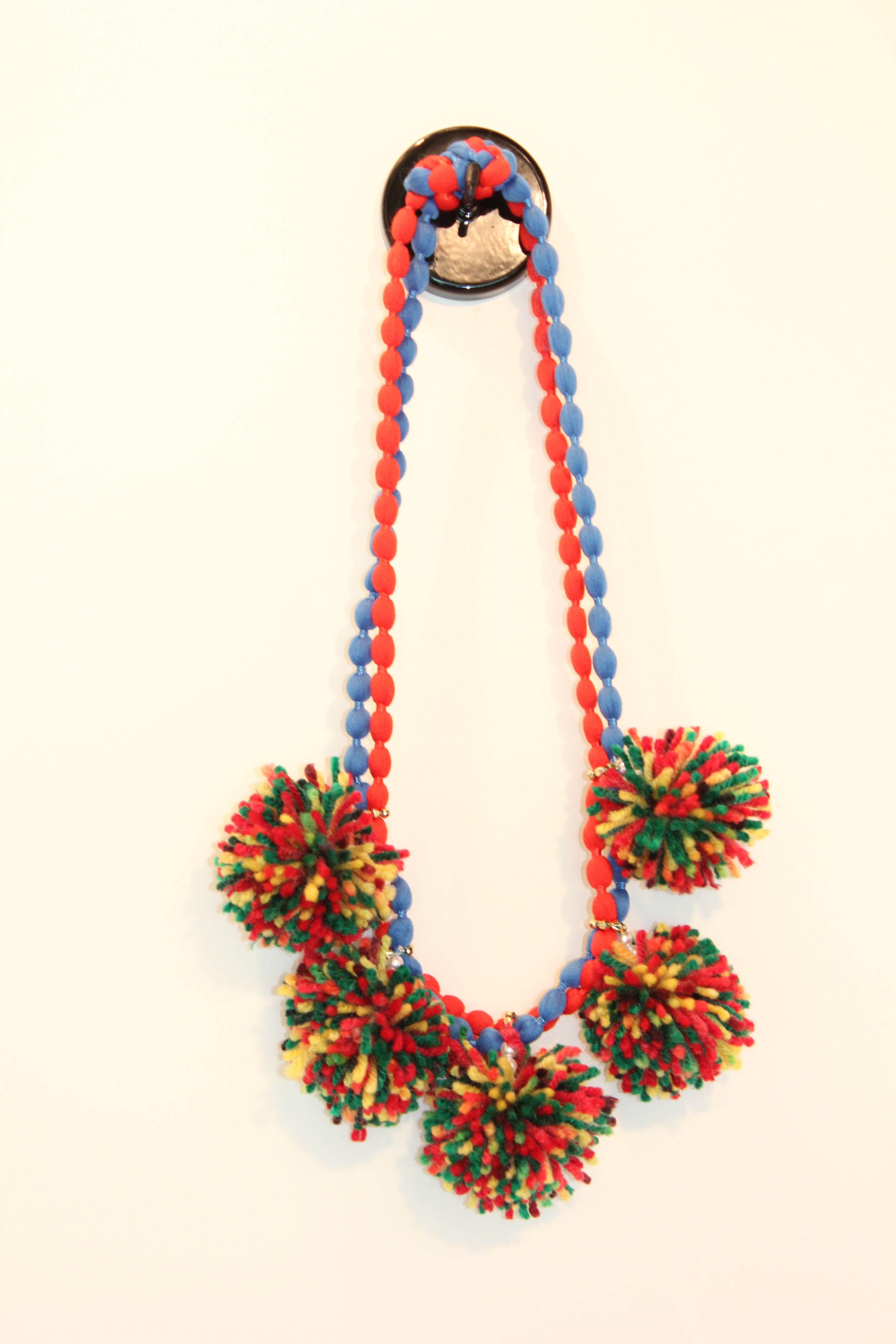 Handmade Red and Blue Cord Necklace with Large Multi-Color Pom-Poms