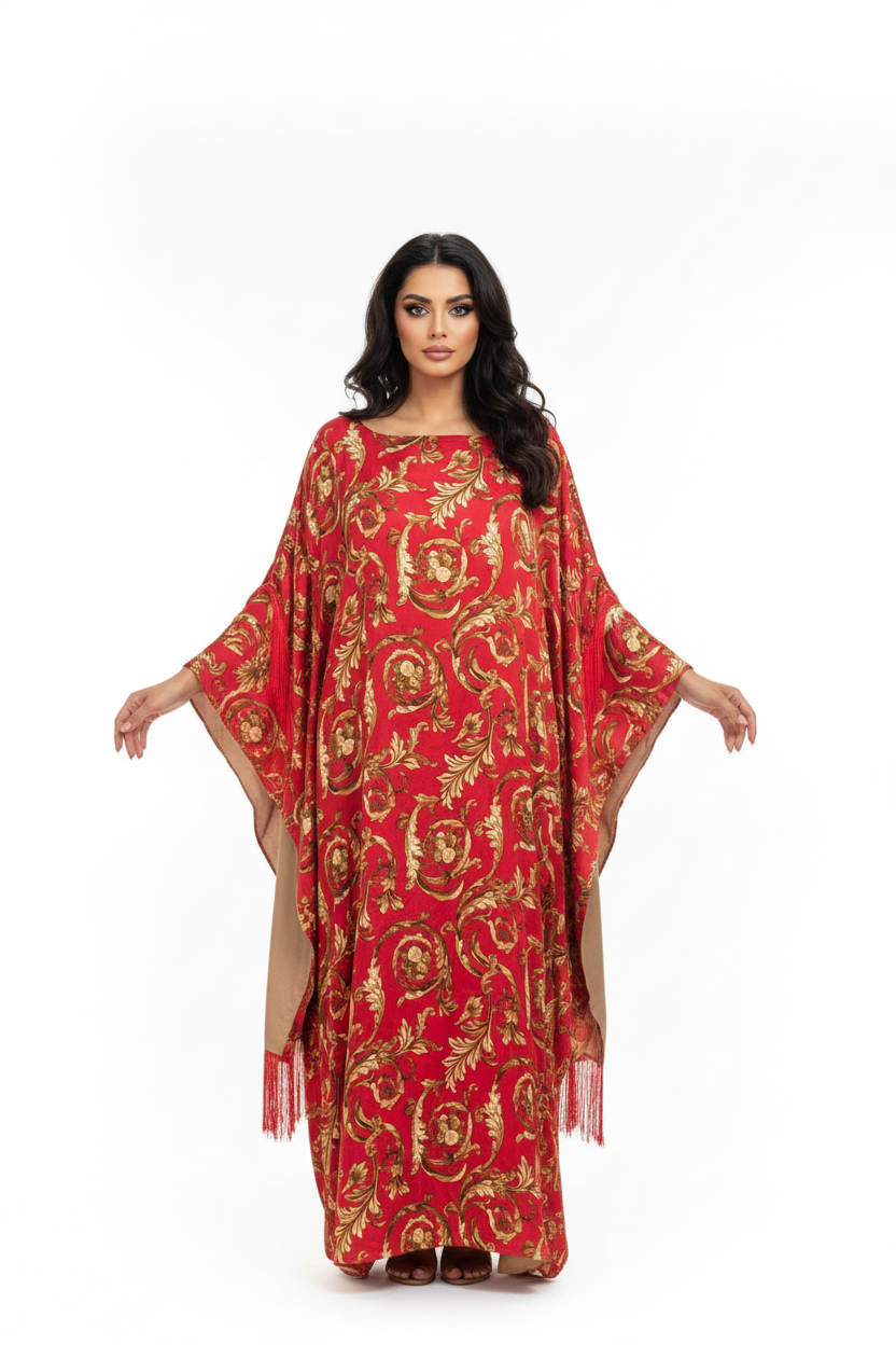 Arabic model in red kaftan on white background