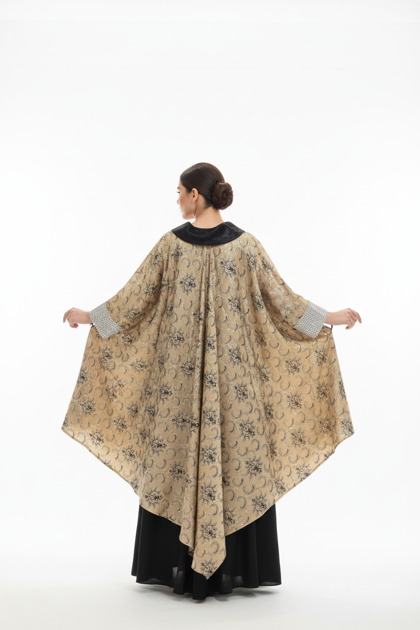 Back view of Arab woman in gold kaftan on white background