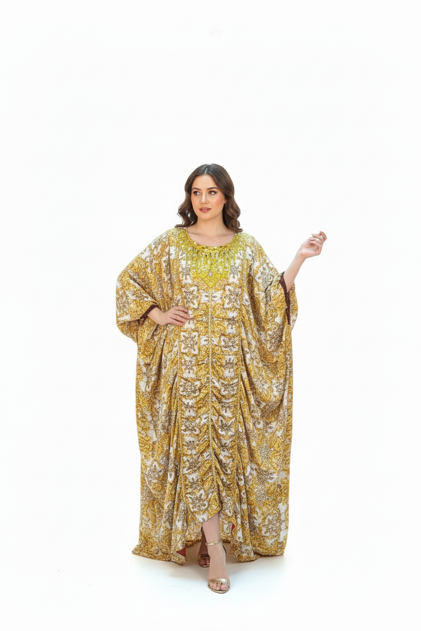 Beautiful Arab woman in golden kaftan on white background