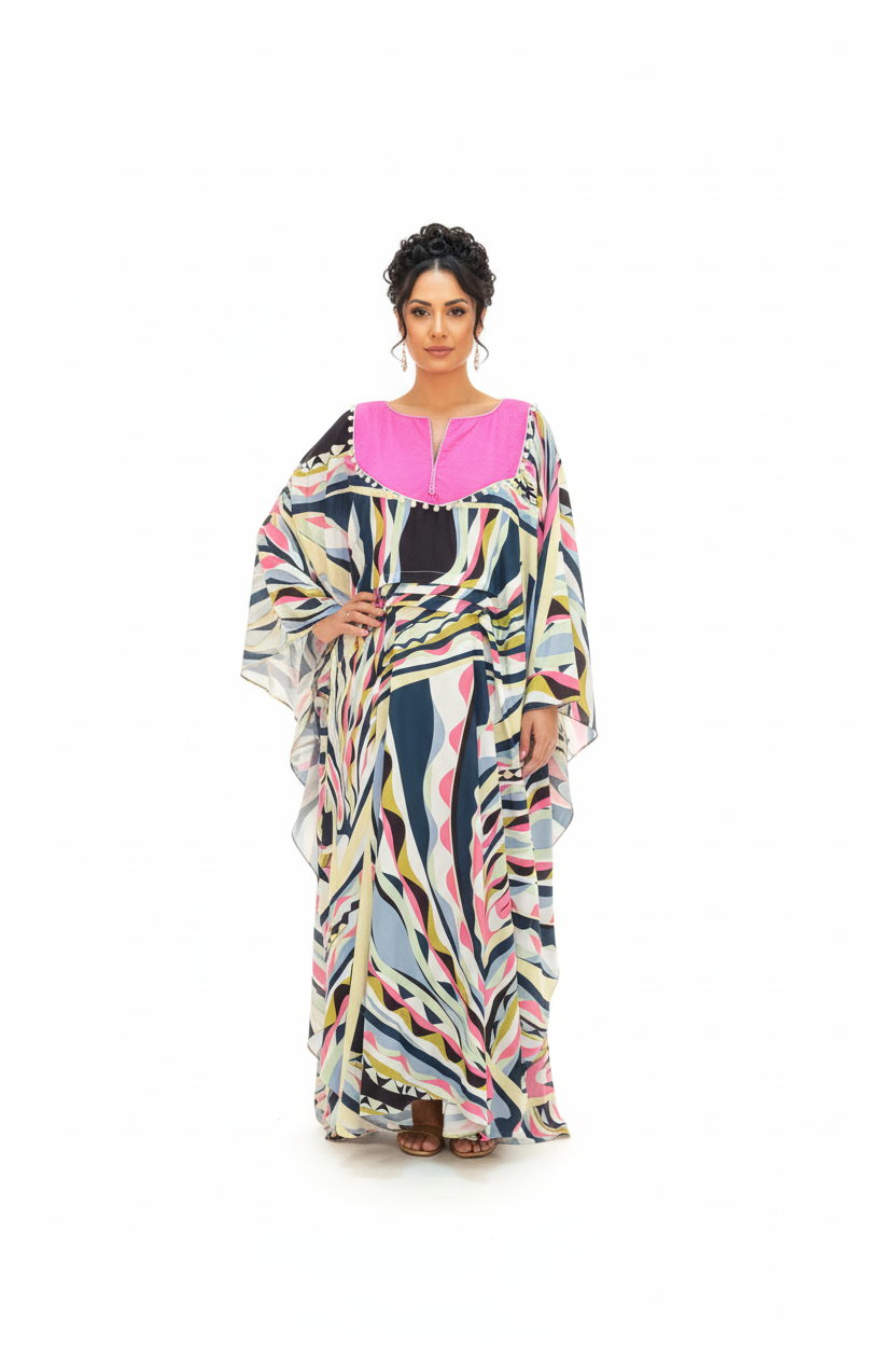 Colorful kaftan with white background and Arabic model