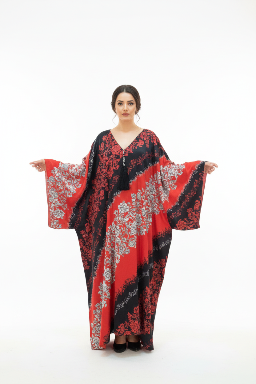 Red and black embroidered kaftan with white background and Arabic model