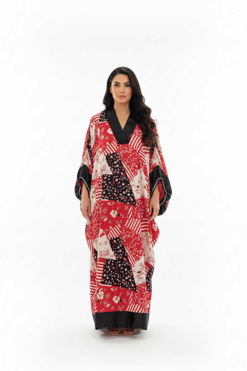 Red patchwork kaftan with white background and Arabic model