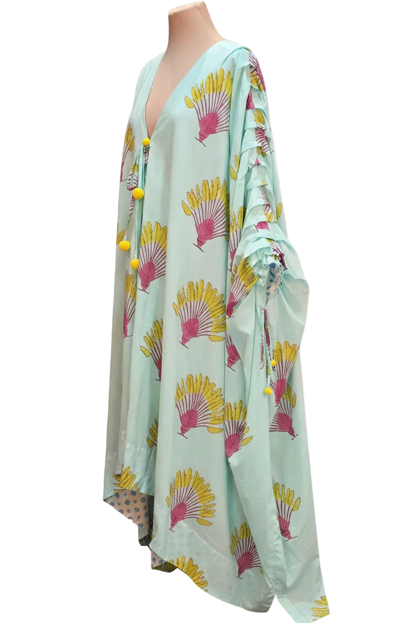 Turquoise and Yellow Voluminous Cotton Kaftan, Free Size