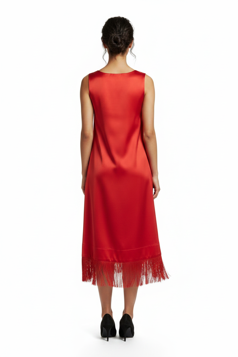 Red Satin Tassel-Hem Dress