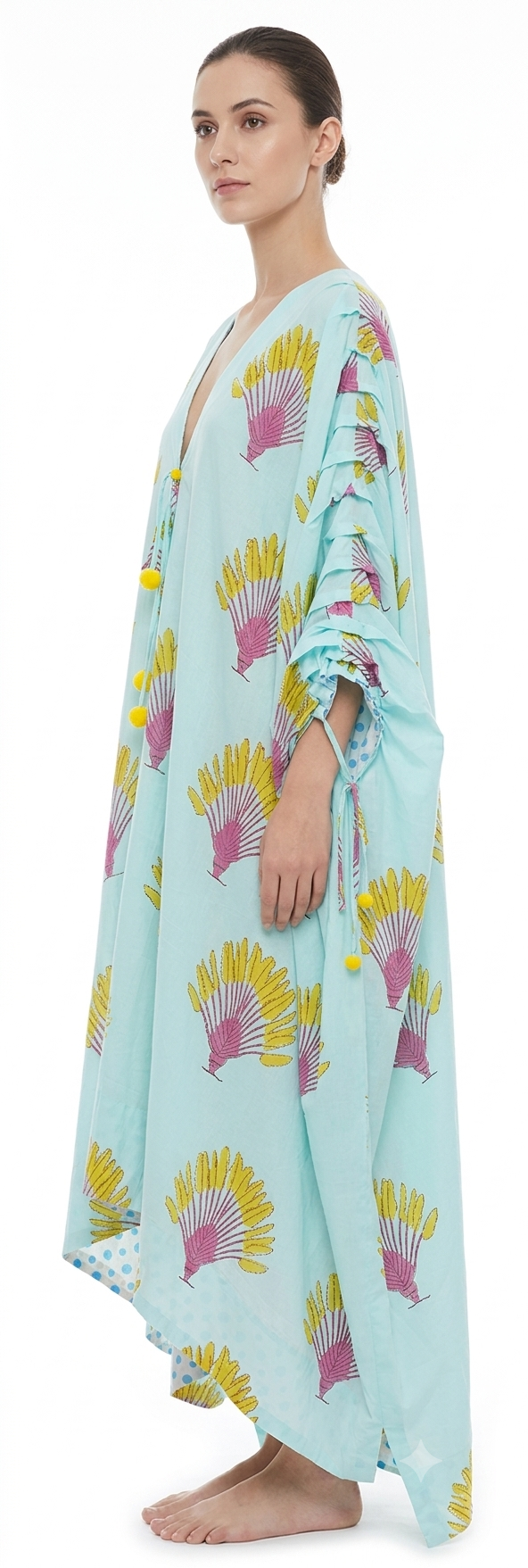 Turquoise and Yellow Voluminous Cotton Kaftan, Free Size