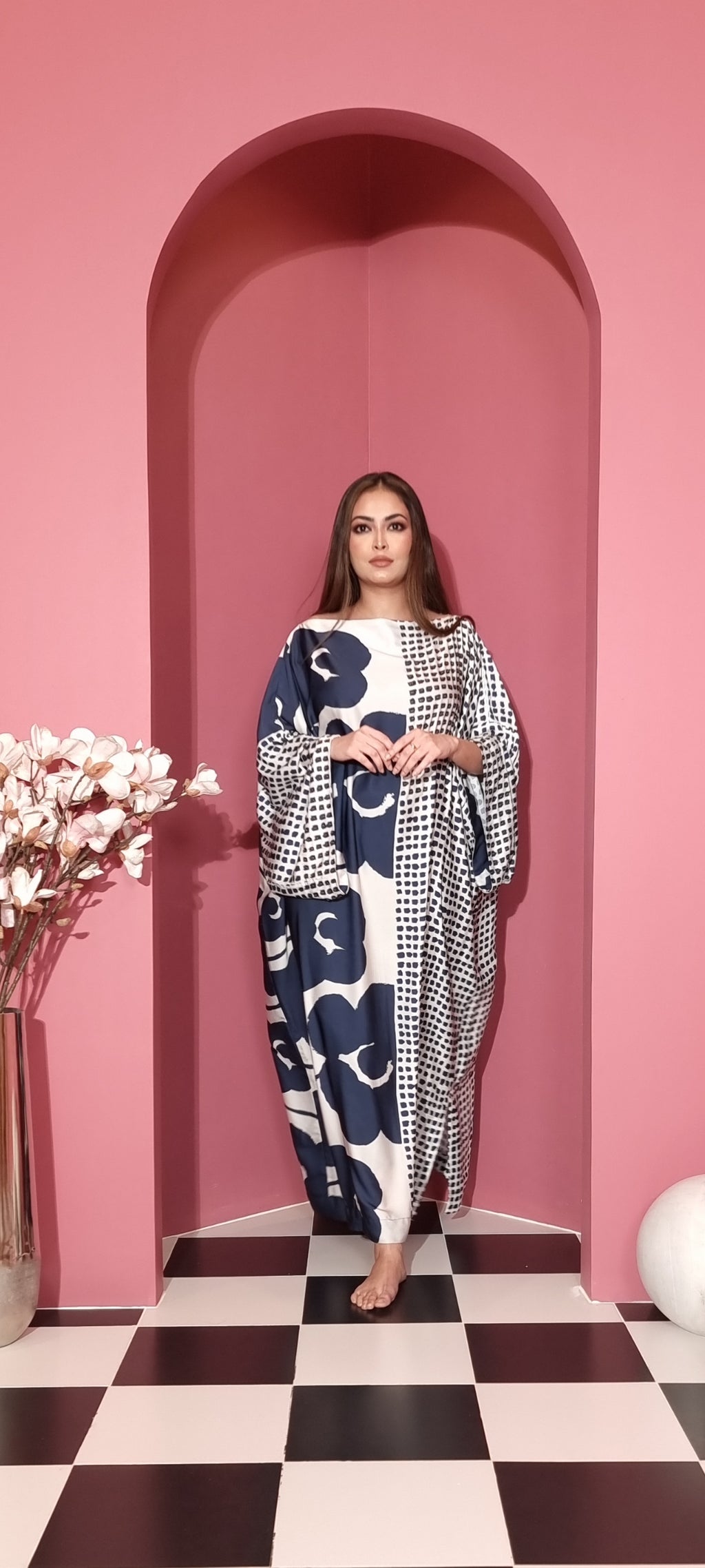 Modern Printed  Silk Kaftan Dress - Navy Floral & Dots Women's Kaftan