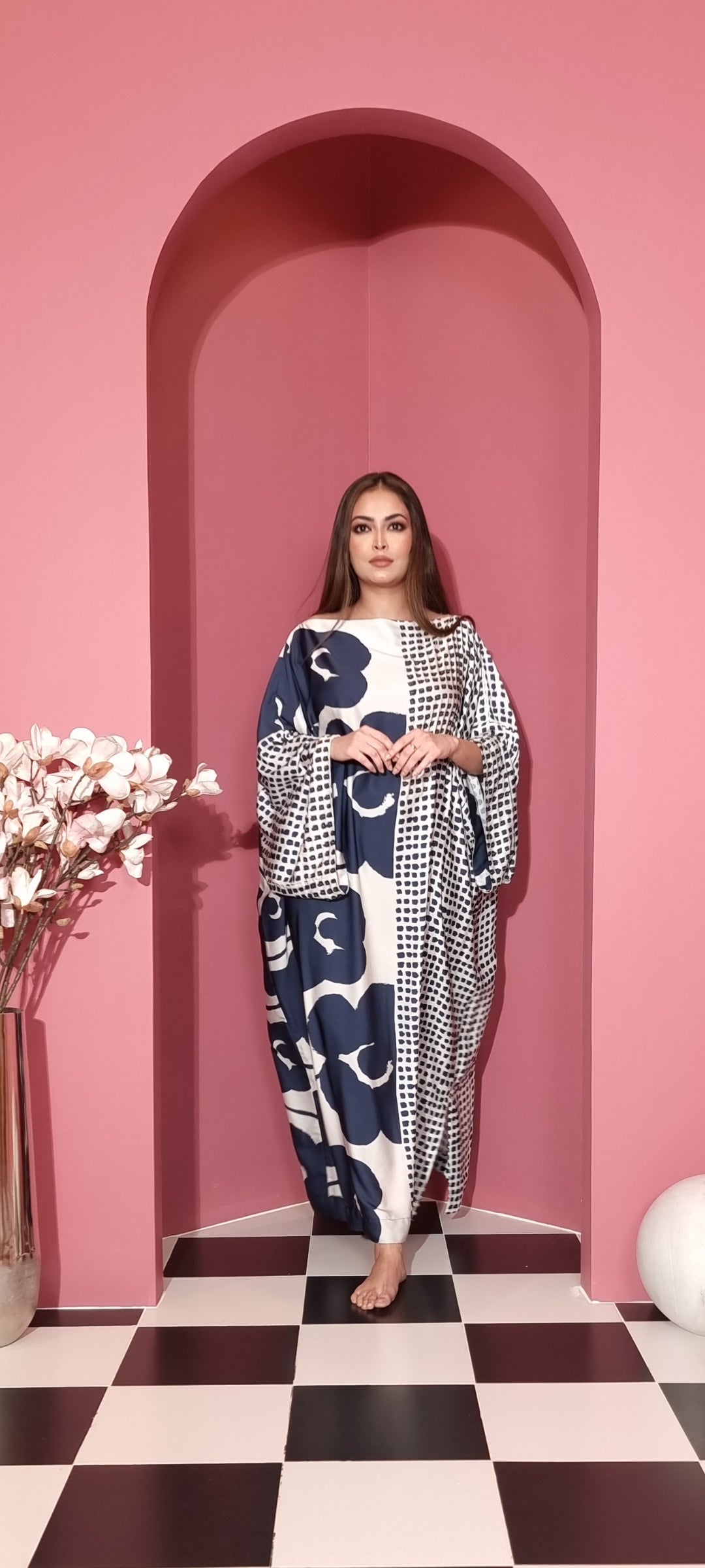 Modern Printed  Silk Kaftan Dress - Navy Floral & Dots Women's Kaftan