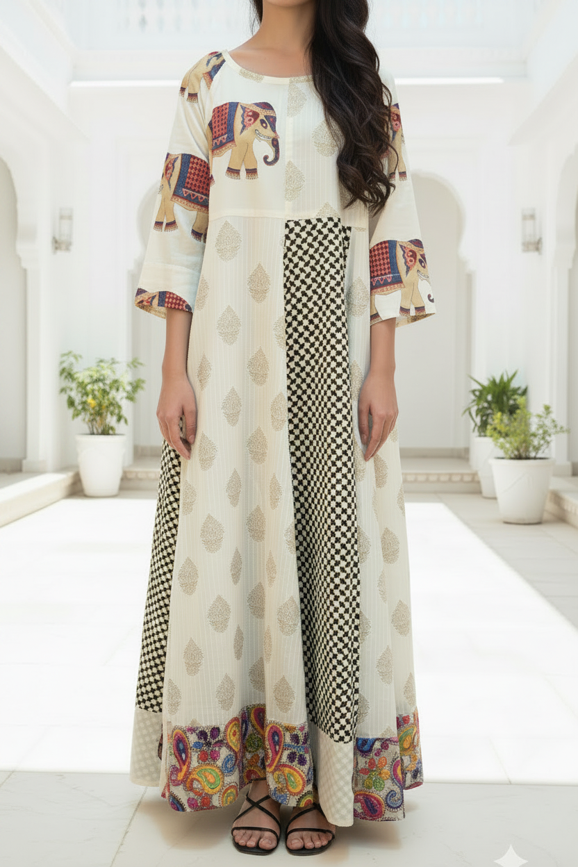 Elephant Print Kaftan Dress, One Size