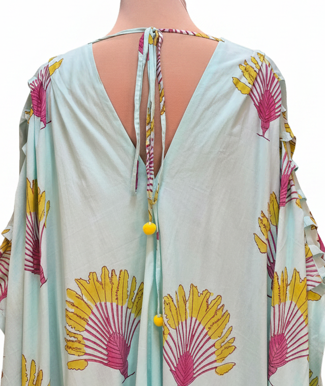 Turquoise and Yellow Voluminous Cotton Kaftan, Free Size