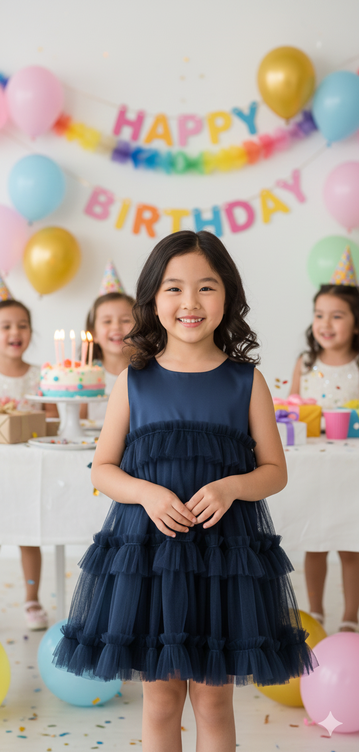 Midnight Magic, Tiered Navy Tulle Party Dress, 5 - 6 Years Old