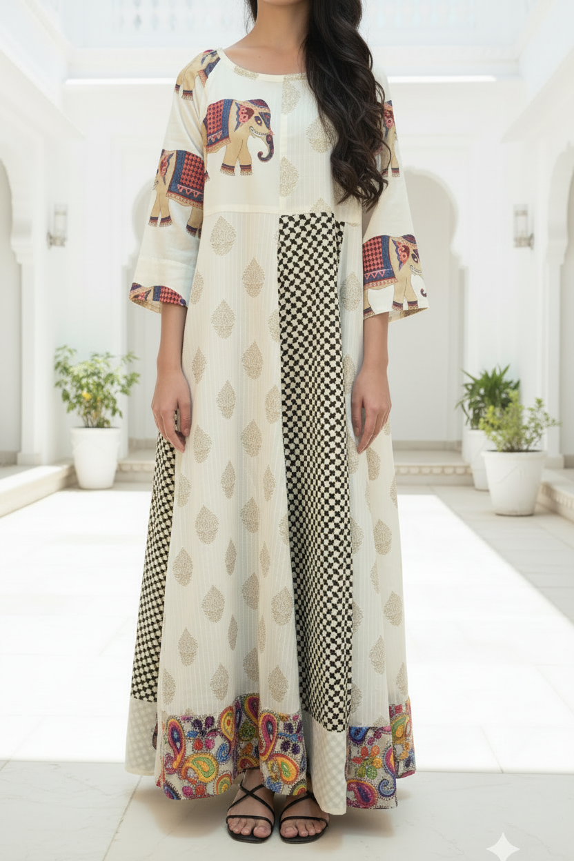 Elephant Print Kaftan Dress, One Size