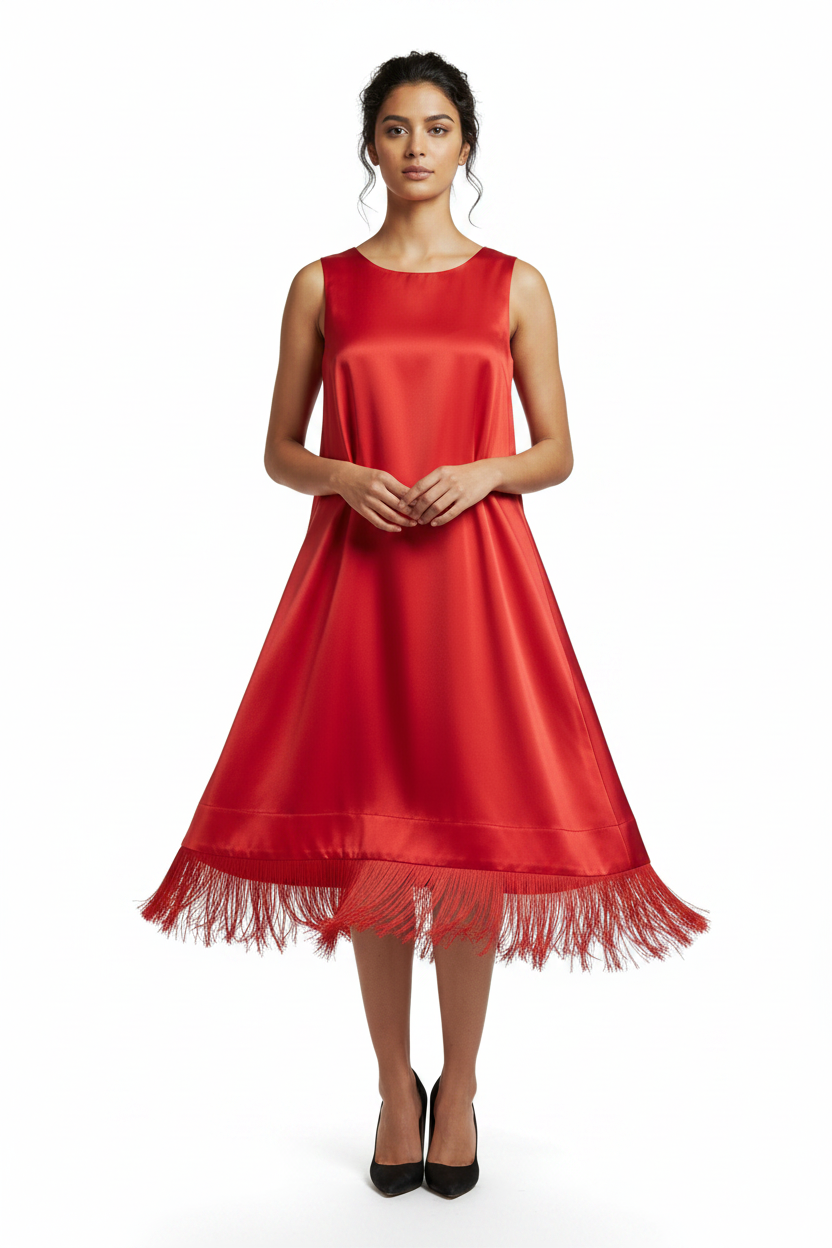 Red Satin Tassel-Hem Dress