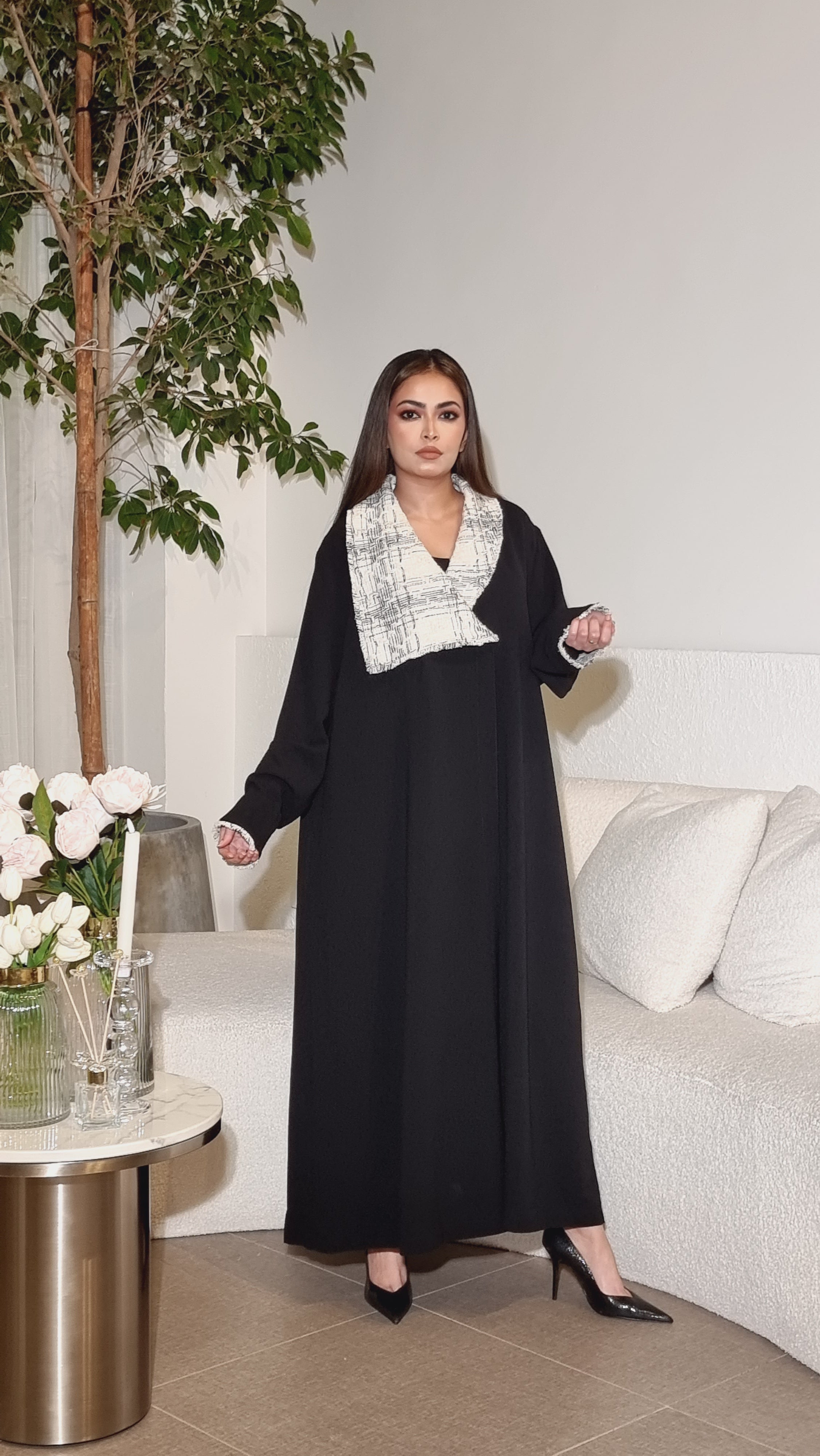Black and White Abaya with ansymmetrical collar design