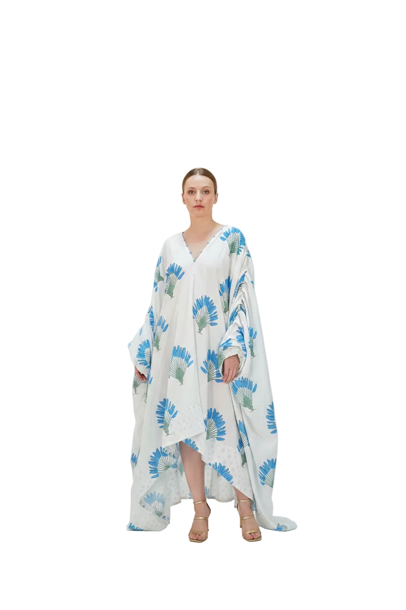White and Blue Voluminous Cotton Kaftan, Free Size
