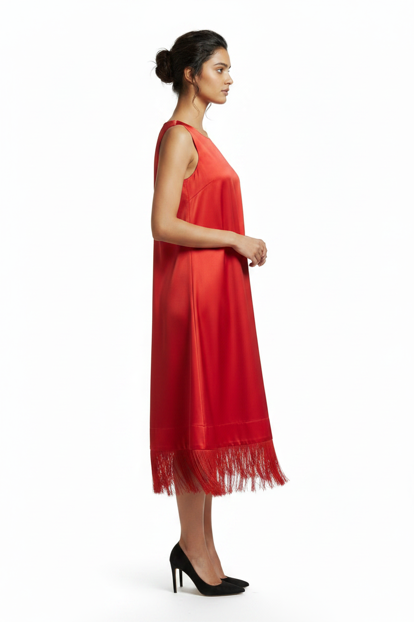 Red Satin Tassel-Hem Dress
