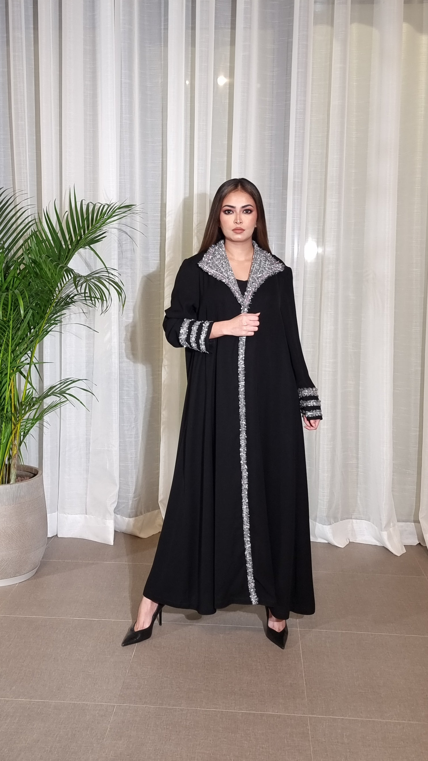 Black Abaya with Silver Embroidery - Elegant Long Sleeve Islamic Dress for Women