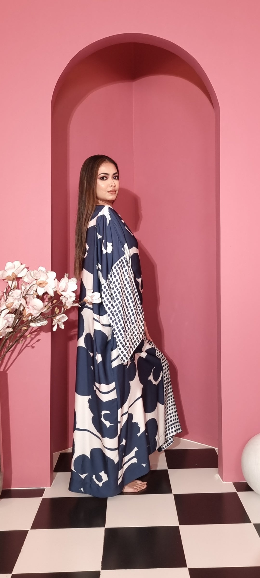 Modern Printed  Silk Kaftan Dress - Navy Floral & Dots Women's Kaftan