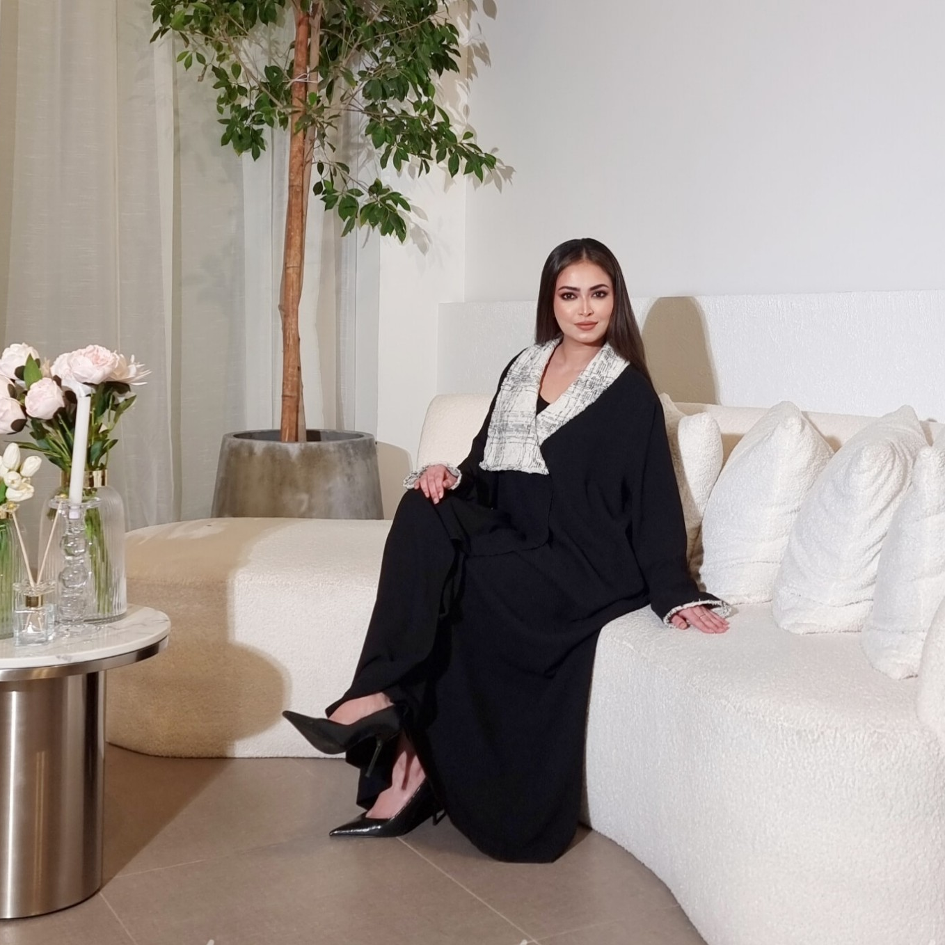 Black and White Abaya with ansymmetrical collar design