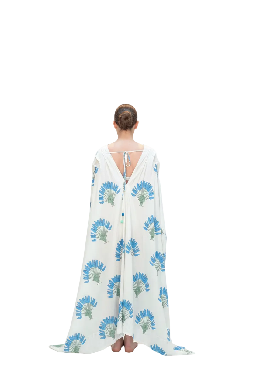 White and Blue Voluminous Cotton Kaftan, Free Size