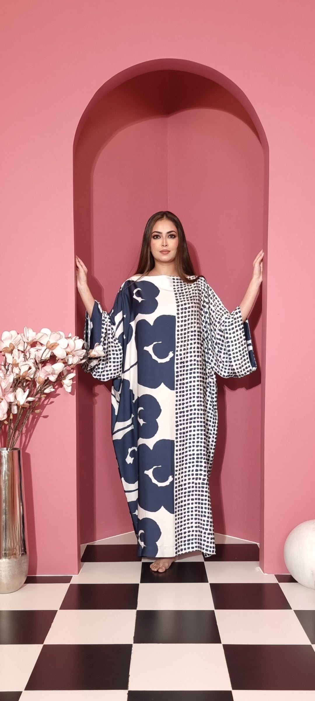 Modern Printed  Silk Kaftan Dress - Navy Floral & Dots Women's Kaftan