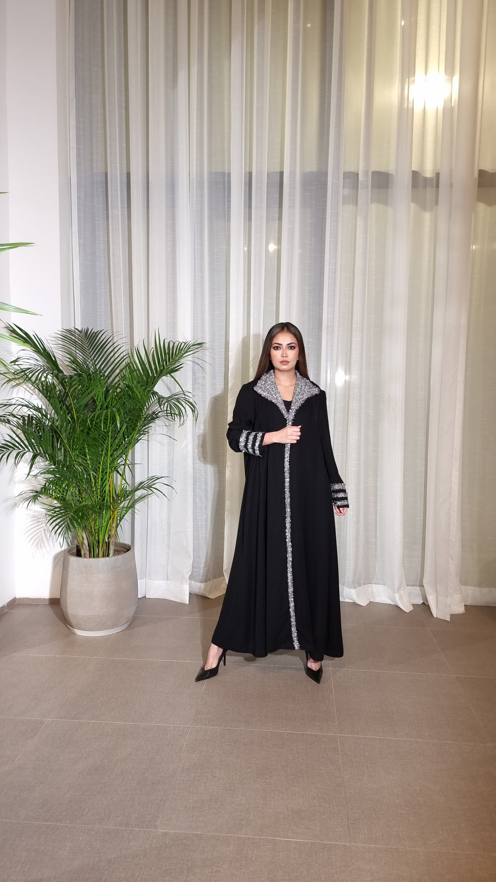 Black Abaya with Silver Embroidery - Elegant Long Sleeve Islamic Dress for Women