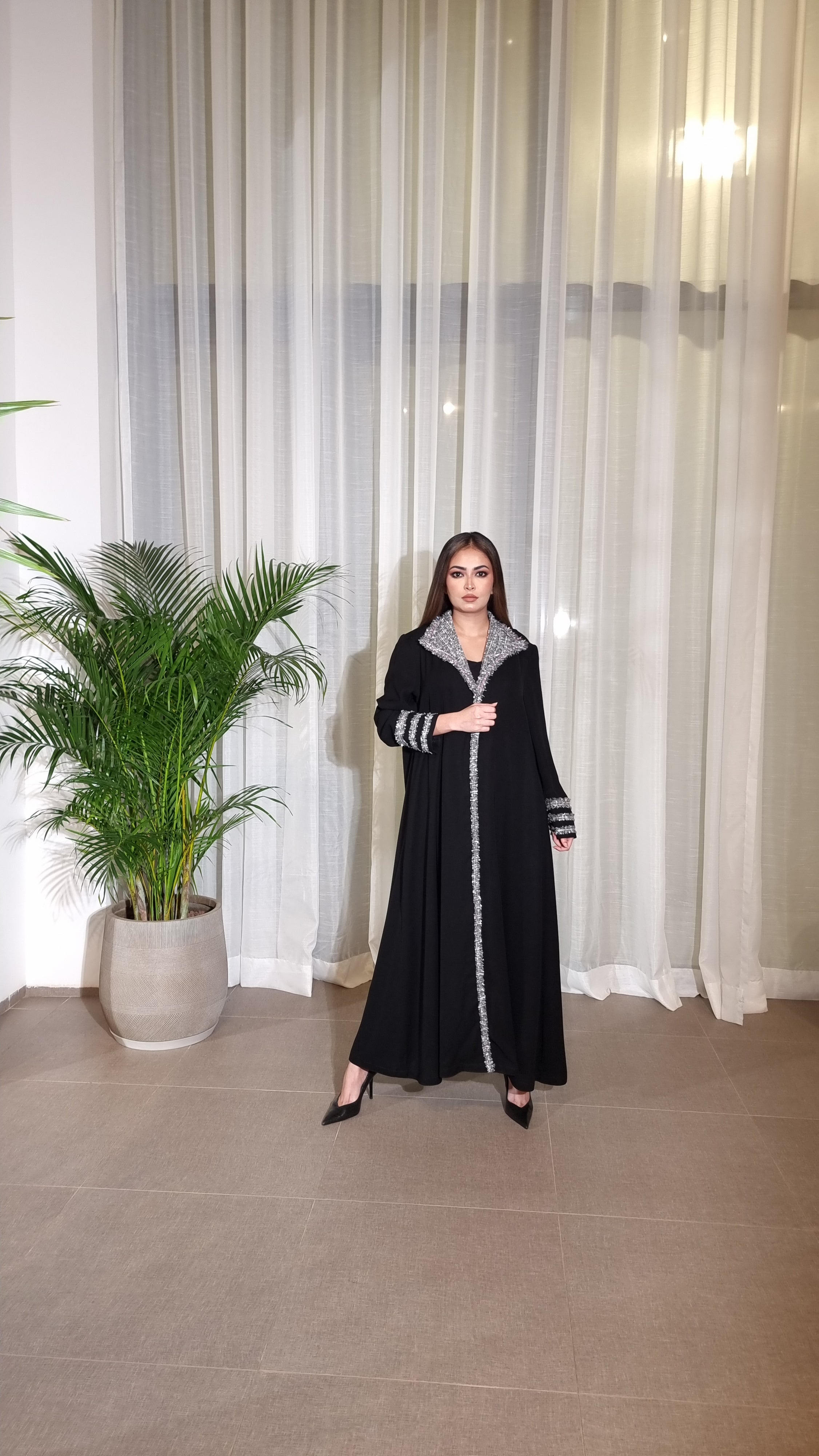 Black Abaya with Silver Embroidery - Elegant Long Sleeve Islamic Dress for Women