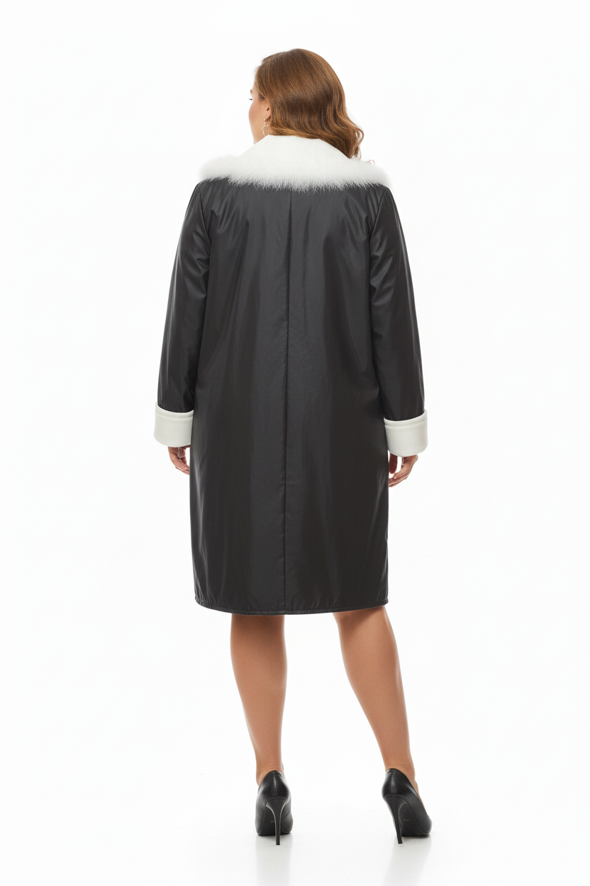 Same model - back view of black fur-trimmed coat
